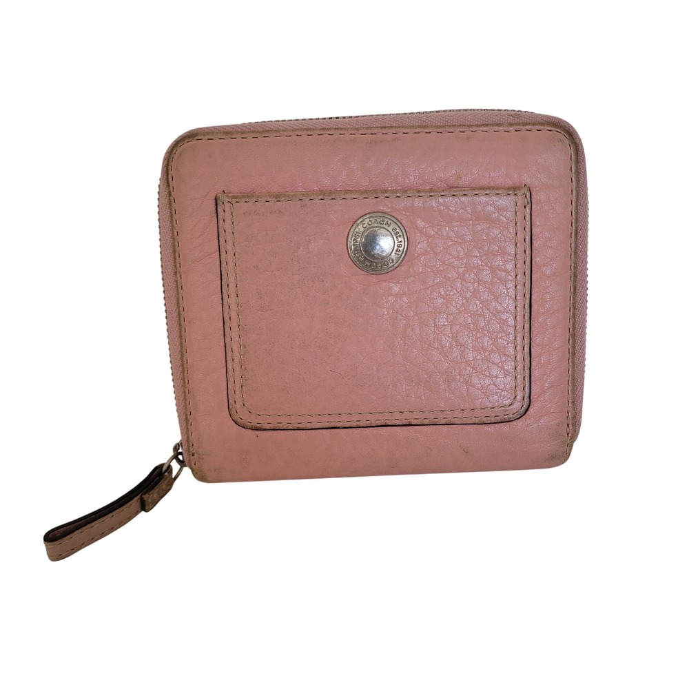 Coach Pink Pebbled Leather Small Zip Around Wallet Coin Pocket Medallion